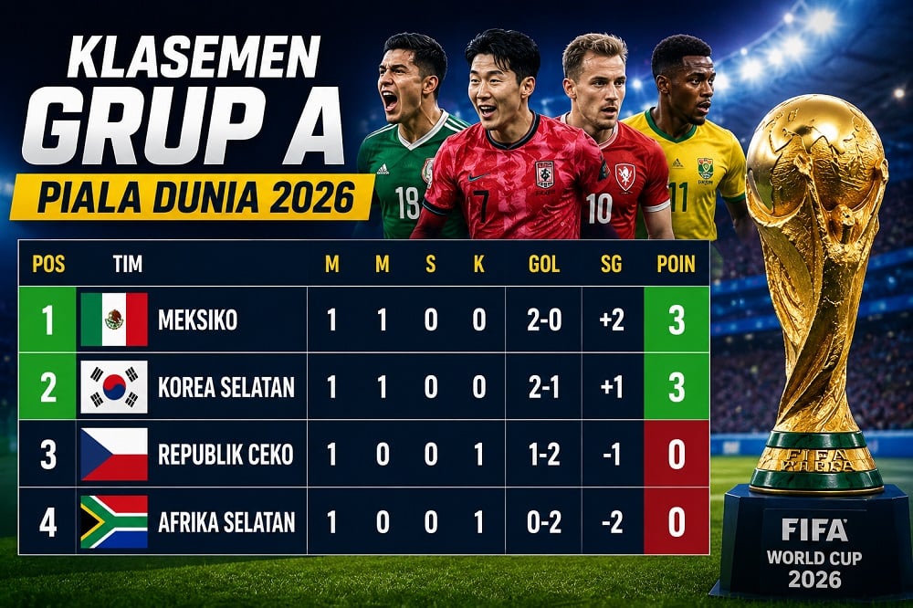 Update klasemen Grup A Piala Dunia 2026 setelah Meksiko dan Korea Selatan menang pada laga pembuka. Simak posisi terbaru dan peluang lolos.