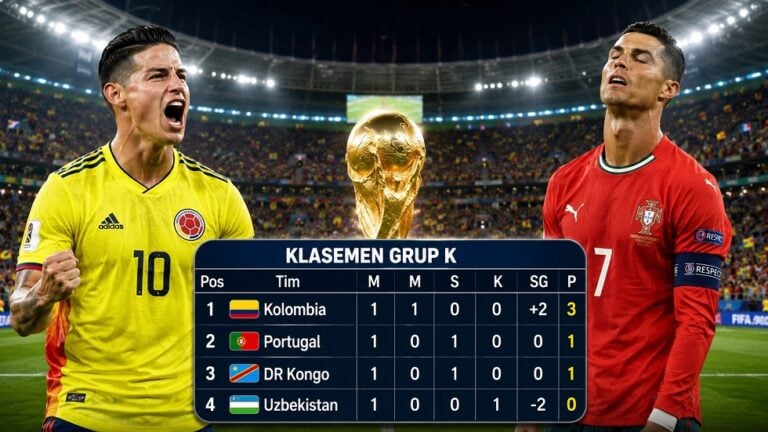 Kolombia memimpin Grup K Piala Dunia 2026 setelah menang 3-1 atas Uzbekistan, sementara Portugal ditahan DR Kongo dengan skor 1-1.