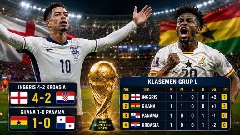 Inggris memimpin Grup L Piala Dunia 2026 setelah menang 4-2 atas Kroasia, sementara Ghana menaklukkan Panama lewat gol injury time.